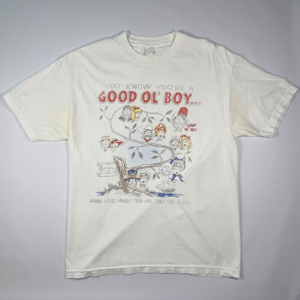 Vintage 90s Good Ol' Boy Family Tree Novelty T-Shirt Large White Funny Tee